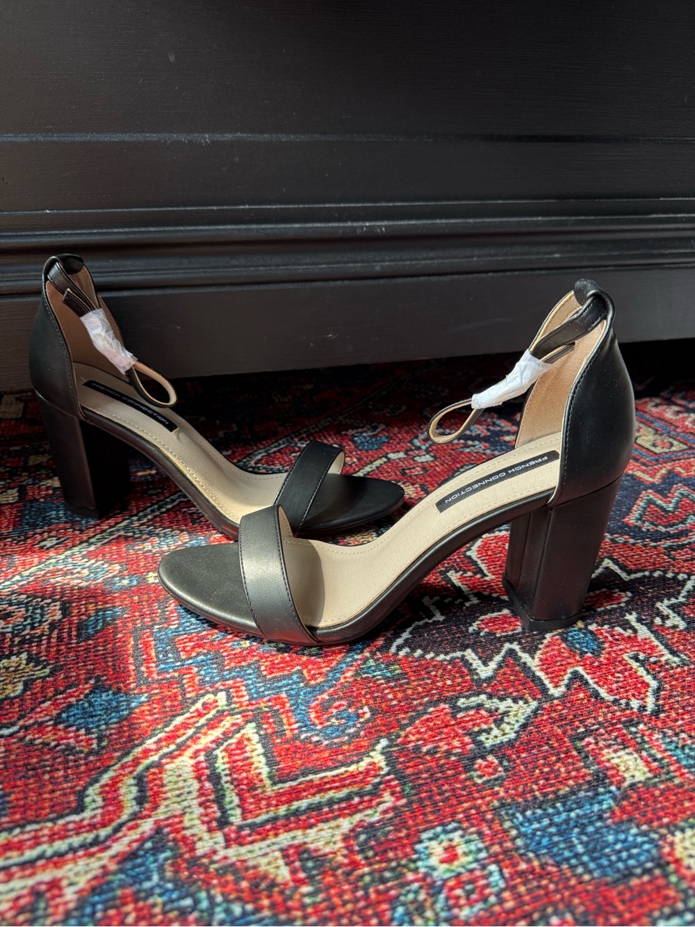 NEW in Box French Connection Black Block Heel Ankle Strap Sandals